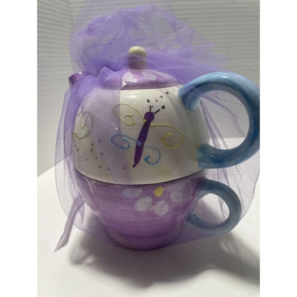 Nantucket Home Flowers Butterfly Gift Small Tea Pot Tea Cup Saucer Gift Wrapped